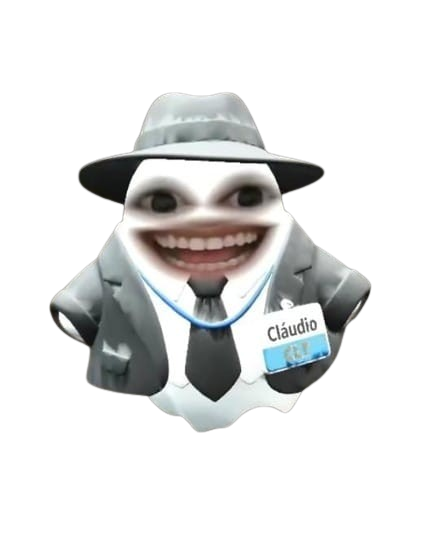 Claudinho CLT, mascote fantasma de gravata segurando uma caneca de café